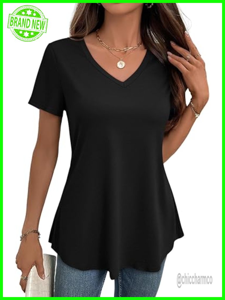Flowy V-Neck Tunic Top Short Sleeve Loose Fit Summer Beach Tee